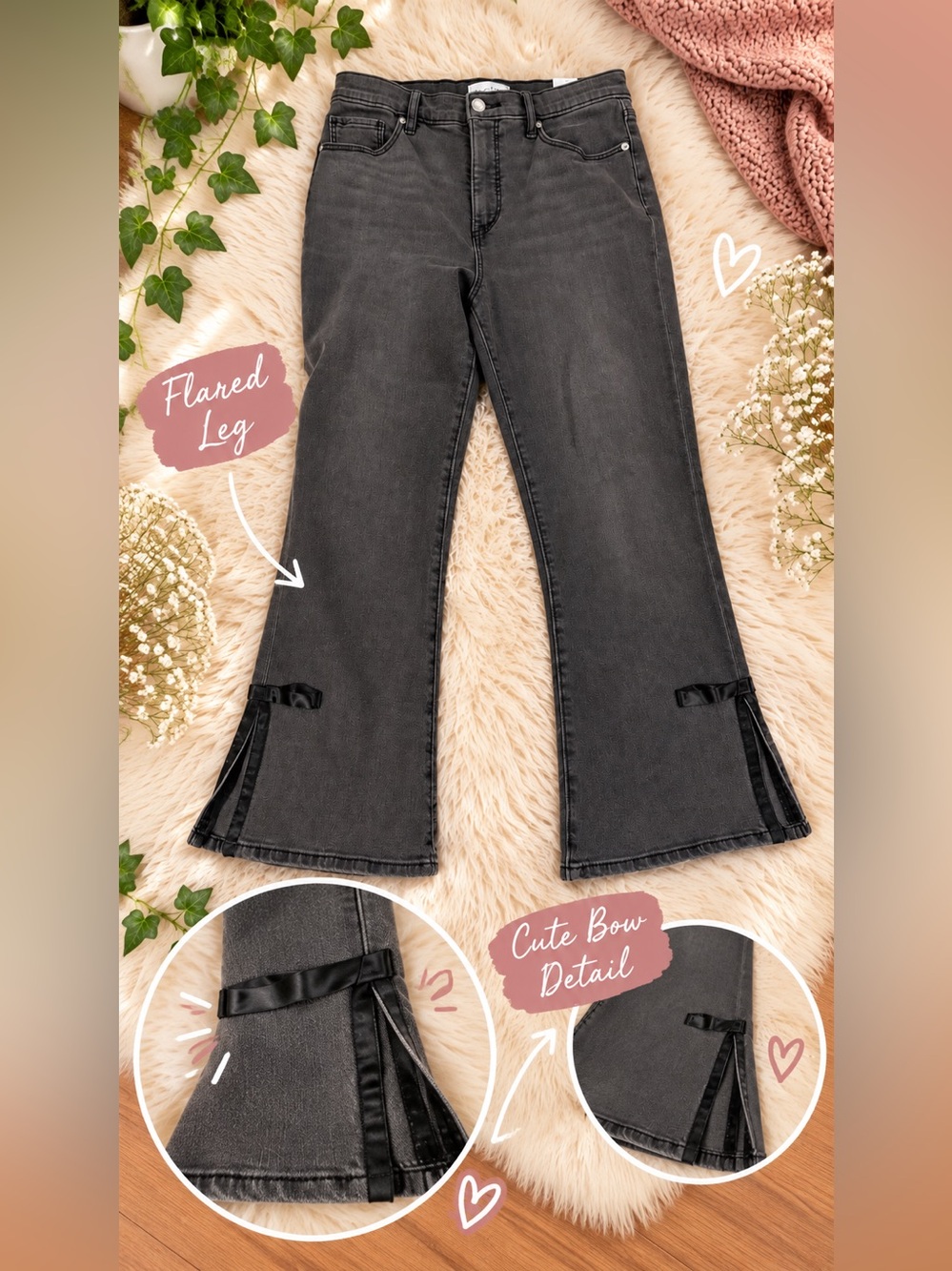 High-Rise Flared Jeans with Bow Trim - Black